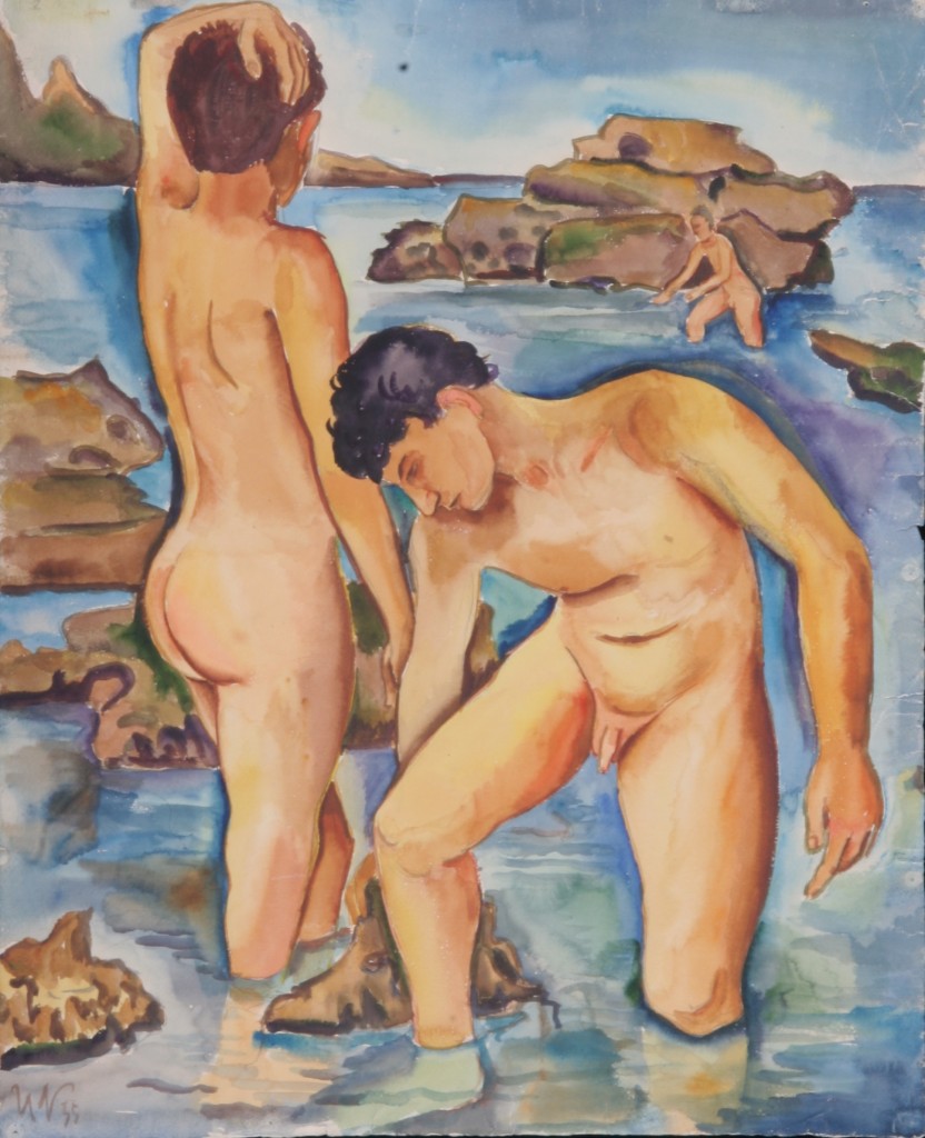 Zwei Jünglinge beim Baden im Meer, 1935, Aquarell, 49 x 61 cm
