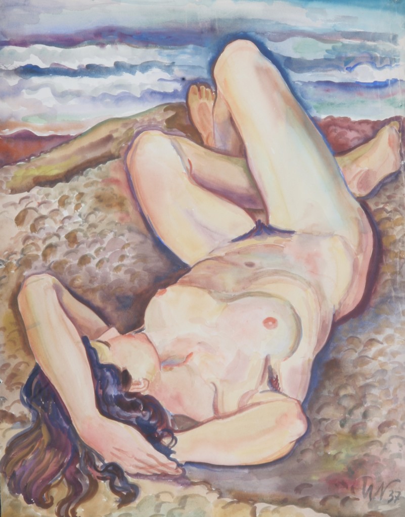 Akt am Strand, Charlotte, 1937, Aquarell, 55 x 70 cm