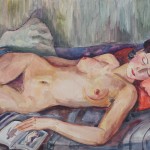 Schlafende Charlotte auf rotem Kissen, 1939, Aquarell, 70 x 50 cm