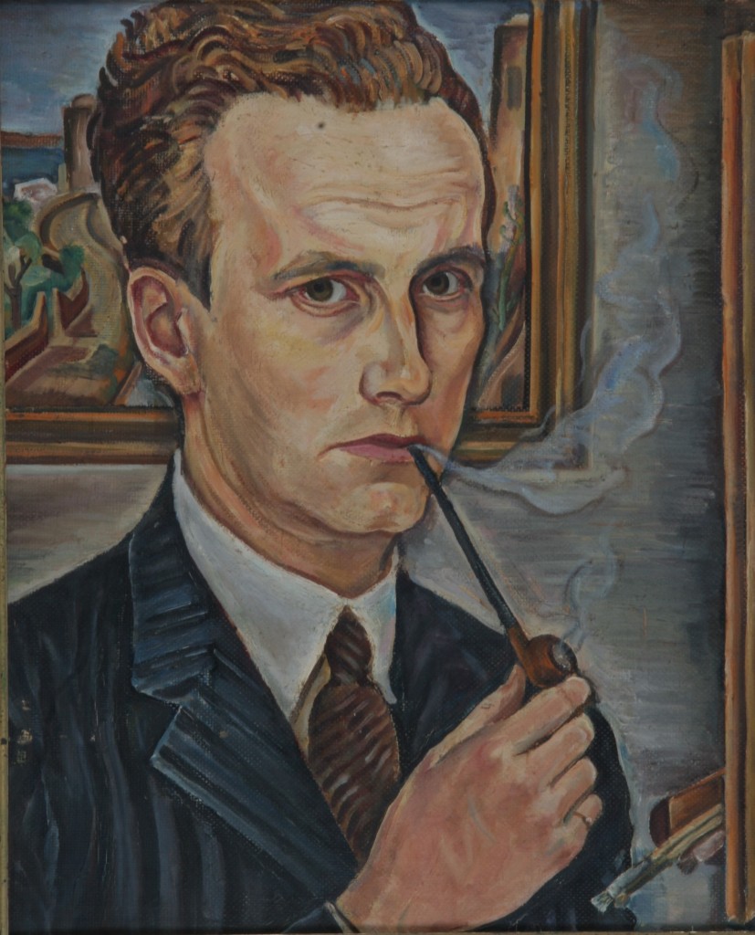 Selbstbildnis mit Pfeife vor eigenem Bild, ca. 1920, Öl auf Karton, 51 x 59 cm gerahmt