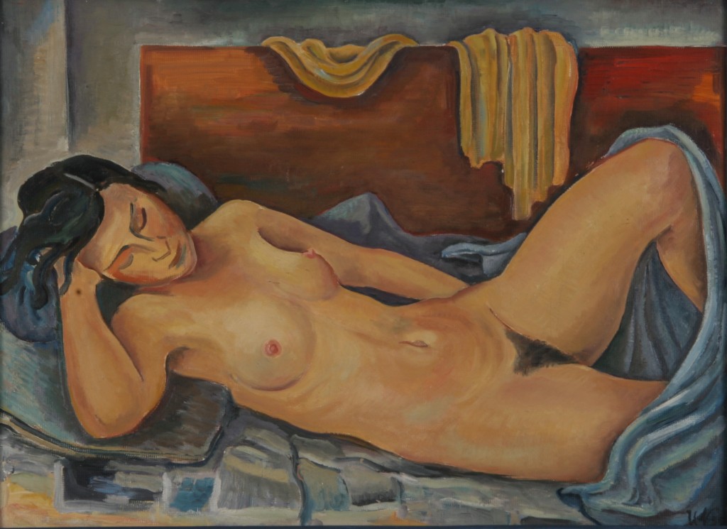 Liegender Akt auf blauem Tuch, 1935, Öl auf Karton, 66 x 48 cm