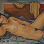 Liegender Akt auf blauem Tuch, 1935, Öl auf Karton, 66 x 48 cm