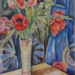 Mohn in Vase vor blauem Tuch, 1931, Aquarell, 48 x 66 cm
